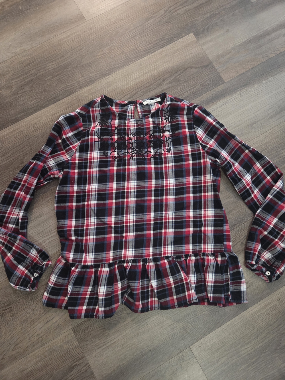 Beach Lunch Lounge Women's S Plaid Flannel Shirt Embroidered Peplum Red Navy
